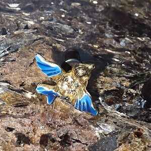 Small Golden Blue Bird Stud Pin with Rhinestones